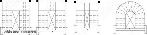 Technical vector illustration of four staircase floor plan variations, including U-shaped and semi-circular layouts in clean line art