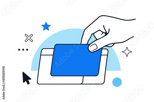 Hand holding credit card over payment terminal icon with blue accents