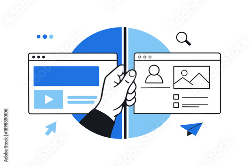 Hand holding browser tabs illustrating split screen functionality in web design concept