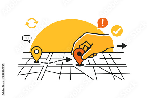 Hand placing pin on map with navigation symbols and route