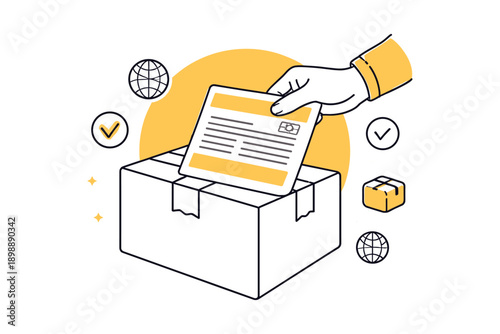 Person handing document into box with package icons and global symbols