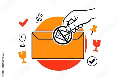Hand holding virtual coin over orange envelope with symbols of fragility and approval