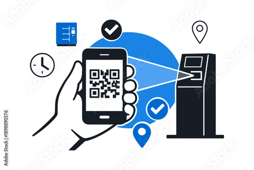 Mobile qr code payment at kiosk with time and location icons