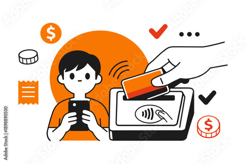 Young caucasian male using mobile for contactless payment illustration
