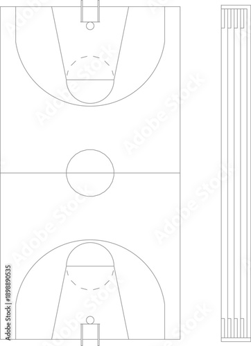 Technical vector illustration of a full basketball court floor plan and a multi-lane running track segment in clean black line art.