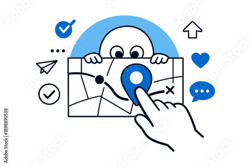 Cartoon character with map and interactive icons for navigation concept