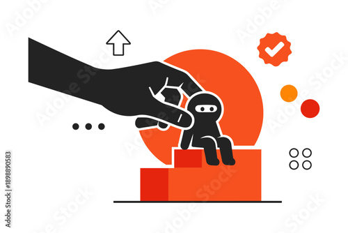 Graphic of a hand placing a character on steps with icons in background