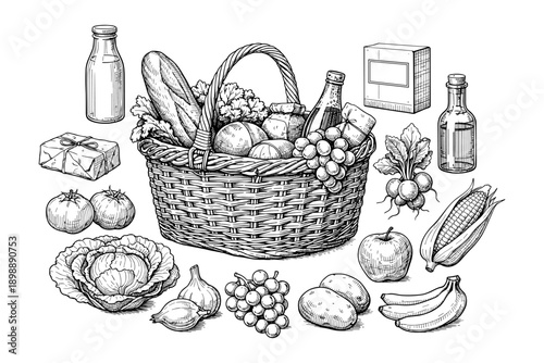 Grocery basket with fresh food products, hand-drawn sketch illustration set