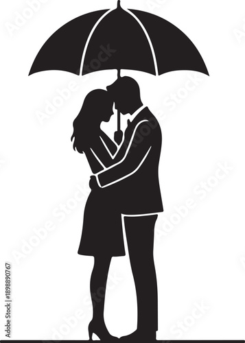 Couple with Umbrella Silhouette Romantic Love Scene Black Vector Illustration
