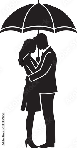 Couple with Umbrella Silhouette Romantic Love Scene Black Vector Illustration