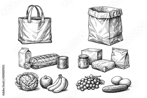 Vintage grocery sketch: tote, paper bag, and assorted food items
