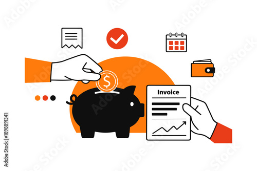 Financial management concept with piggy bank, invoice, calendar, and wallet icons