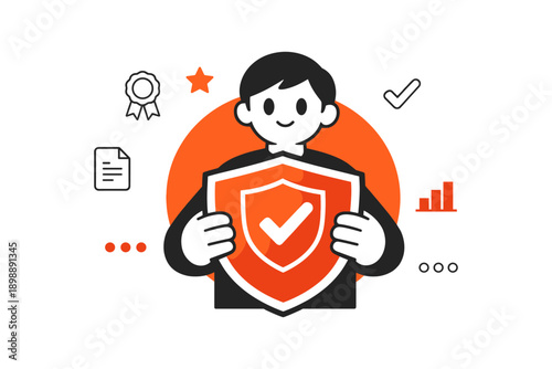 Male adult holding shield icon for security and protection concept