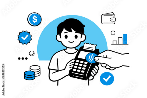 Young male using contactless payment at store checkout with digital icons