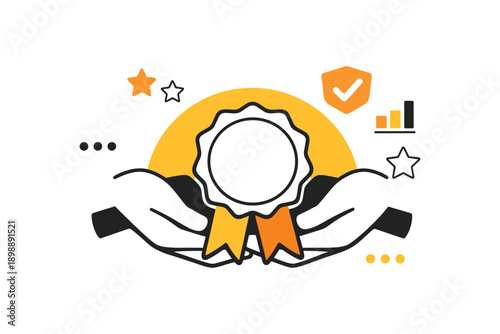 Award achievement symbol with hands holding badge and stars illustration