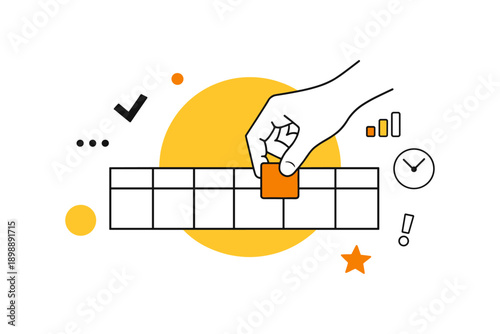 Hand placing orange cube on calendar with symbols and graphics