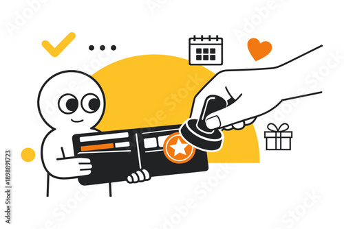 Cartoon character receives loyalty stamp on card with calendar, gift, and heart icons