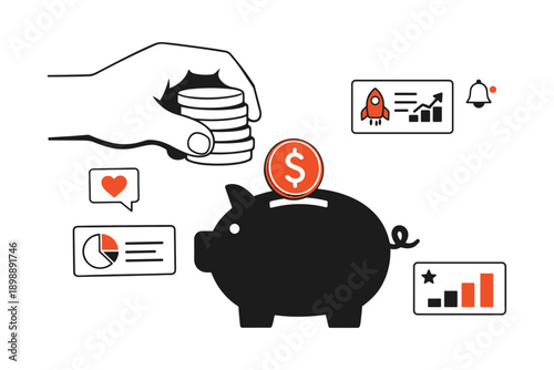 Hand placing coins in piggy bank with financial growth icons and rocket symbol