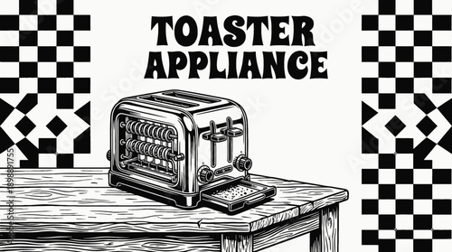 Vintage Toaster Appliance Household Object Retro Black White Background Vector Illustration
