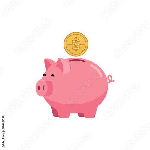 A pink piggy bank with a coin on top is shown in a simple illustration.