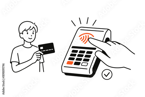 Young male using contactless payment with card and terminal illustration