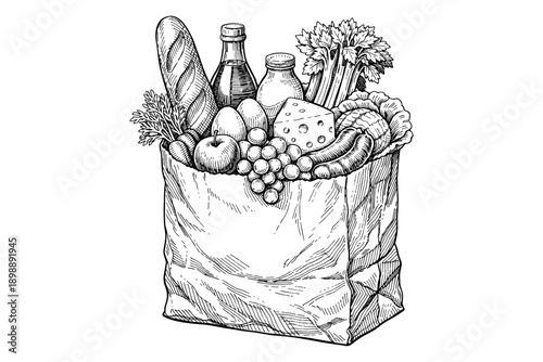 Hand-drawn grocery bag filled with fresh produce and dairy items