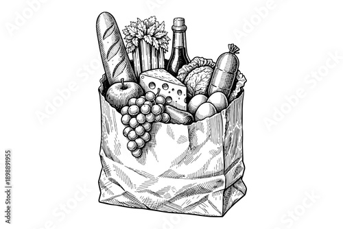 Hand-drawn grocery bag filled with bread, vegetables, cheese, and fruit