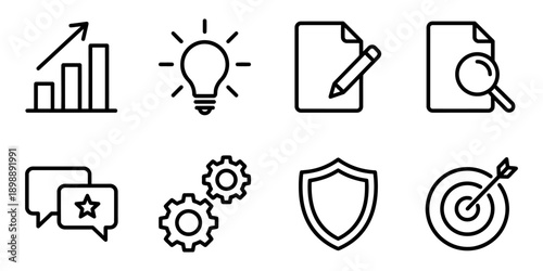 Collection of outline icons for business, finance, and strategy: graph, light bulb, documents, gears, shield, target Vector Icon Bundle