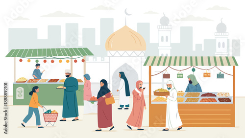 Bustling Middle Eastern market with families and individuals shopping for diverse goods, traditional buildings and festive atmosphere.