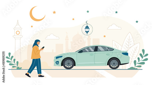 Woman in hijab using smartphone near a light green car, with Ramadan motifs and Islamic landmarks in the background.