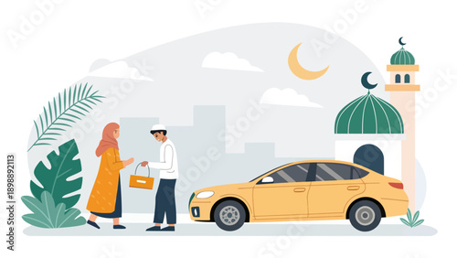 Couple exchanging a gift near a yellow car, set against a backdrop of Islamic architecture and Ramadan symbols.