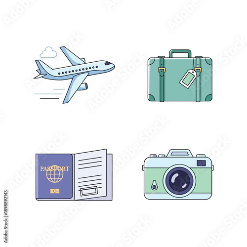 Travel essentials on a white background include a plane, suitcase, passport, and camera.