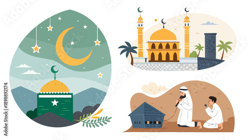 Collection of Islamic illustrations: moonlit mosque, Kaaba with worshippers, and a man praying, evoking faith and devotion.