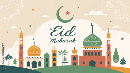 Eid Mubarak greeting with festive Islamic mosque skyline and crescent moon, flat design illustration