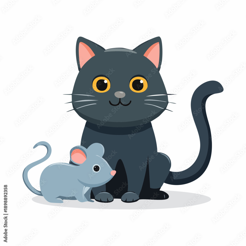 Fototapeta premium Chat noir et souris grise – illustration mignonne style cartoon