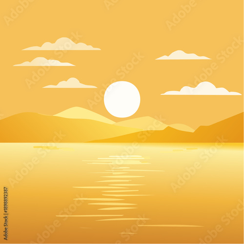 Paysage minimaliste au lever de soleil – scène lumineuse avec montagnes et reflet sur l’eau, couleurs chaudes