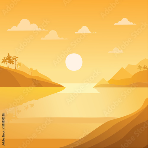 Paysage minimaliste au lever de soleil – scène lumineuse avec montagnes et reflet sur l’eau, couleurs chaudes