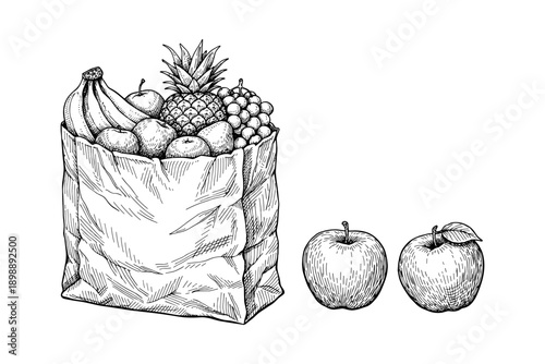 Hand-drawn grocery bag filled with fruits and two apples nearby