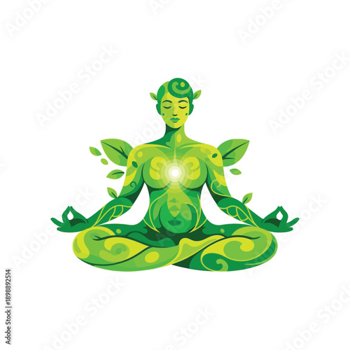 Green human figure meditates with leaves and energy glow.