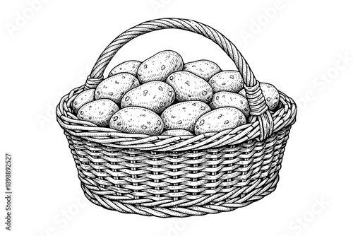 Hand-drawn basket of potatoes in ink illustration