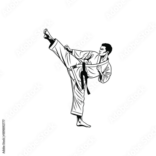 Man in Karate Uniform Performing High Kick Illustration.