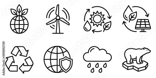Set of environmental and eco-friendly icons: globe with leaves, wind turbine, solar panel, recycling, polar bear Vector Icon Bundle