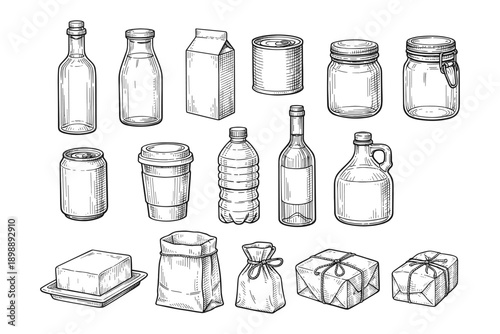 Hand-drawn collection of various bottles, jars, cartons, and packaging