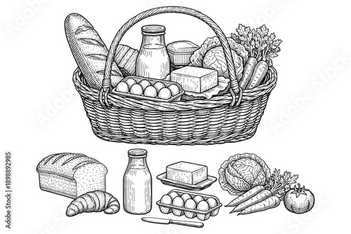 Hand-drawn picnic basket with bread, cheese, eggs, and vegetables
