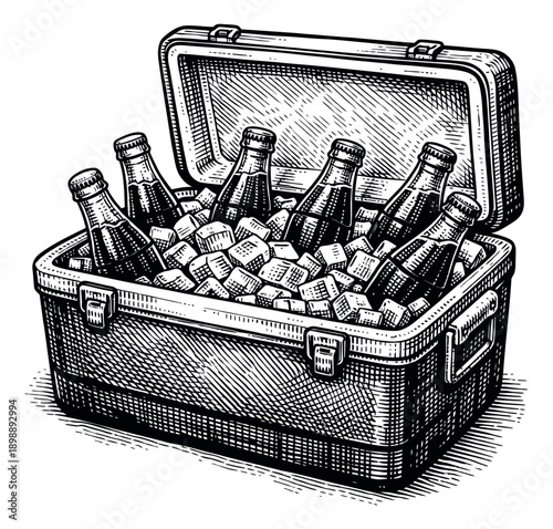 Hand drawn line art illustration of a cooler box depicting bottles of refreshing drinks on ice for summer outdoor activities