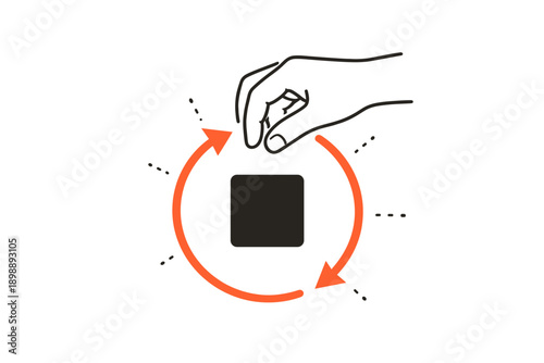 Hand gesturing rotation of a square in a diagram with arrows and dotted lines