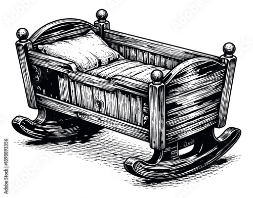 Hand drawn illustration of a baby rocking cradle depicting a nursery item for infant care