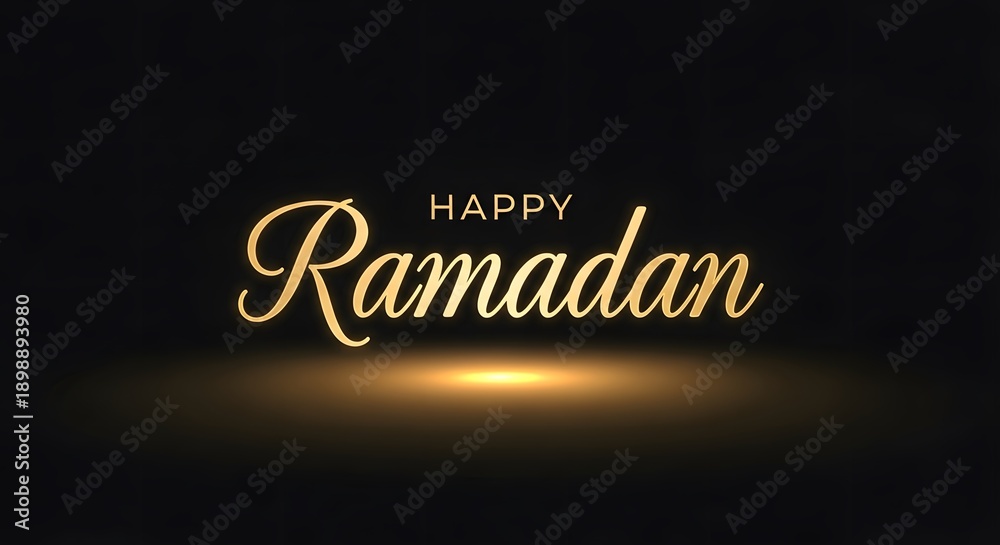 Obraz premium Happy Ramadan greeting with elegant gold text on black background