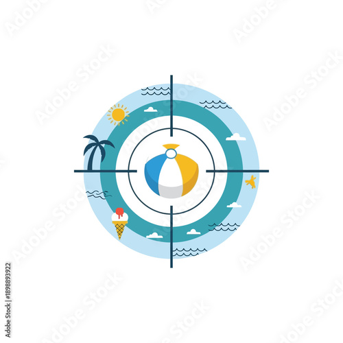 Beach scene with a colorful beachball in crosshairs surrounded by palm tree ice cream sun and airplane