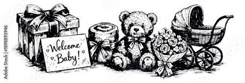 Hand drawn line art baby items set featuring a gift box, welcome baby sign, teddy bear, flowers, and baby carriage for a newborn celebration